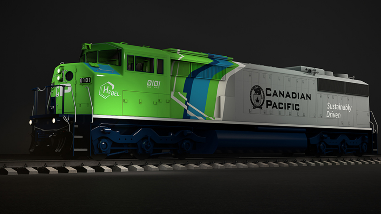 CP last fall released a rendering of its hydrogen fuel cell-powered linehaul locomotive prototype, H20EL.