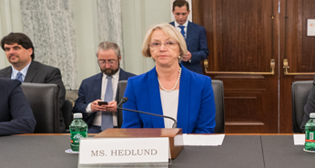 Karen Hedlund at a June 24 preliminary Senate Committee on Commerce, Science, and Transportation hearing on her nomination to the STB, along with three other Biden nominees to other government posts.
