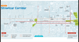 The proposed three-mile Omaha line would run on an east-west alignment along adjacent Farnam and Harney streets, from 10th to 31st streets. Officials hope it can be up and running by 2026.