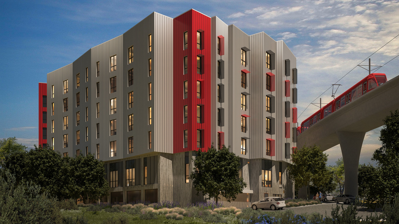 San Diego MTS and Affirmed Housing have broken ground on a new five-story transit-oriented housing development featuring 124 studio and one-, two- and three-bedroom units reserved for households earning 30%-60% of the area median income. (Rendering Courtesy of Studio E Architects)