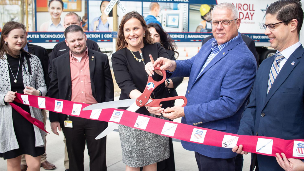 Pictured (left to right) at the Feb. 15 launch of Lone Star College's simulated railroad crossings: Jessica Devorsky, Executive Director-Texas Operation Lifesaver; Erik Lewis, Manager Industry and Public Projects, UP; Jill Metcalf, Director, Lone Star College; Buck Russel, Sr. Supervisor Public Safety, UP; and Richard Zientek, Sr. Director Public Affairs, UP.