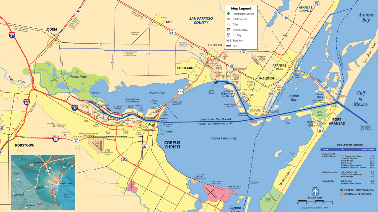 The Port of Corpus Christi (Tex.) is located on the western Gulf of Mexico with a 36-mile, soon-to-be-54-foot (MLLW) deep channel and a 63-mile short line.