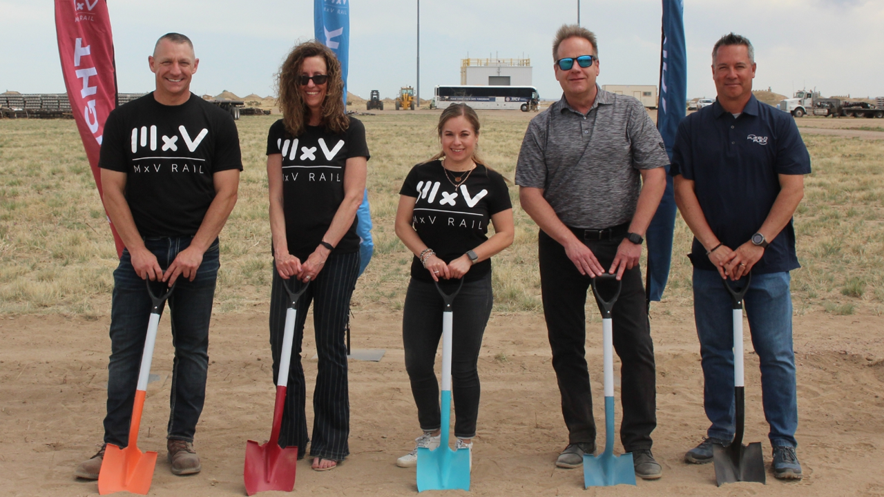 Pictured (left to right) at the High Speed Loop groundbreaking this month are MxV Rail’s senior management Shawn Vecellio, Tammy Bregar, Kari Gonzales, and Ken Laine, and PuebloPlex Director of Operations Chris Bolt.