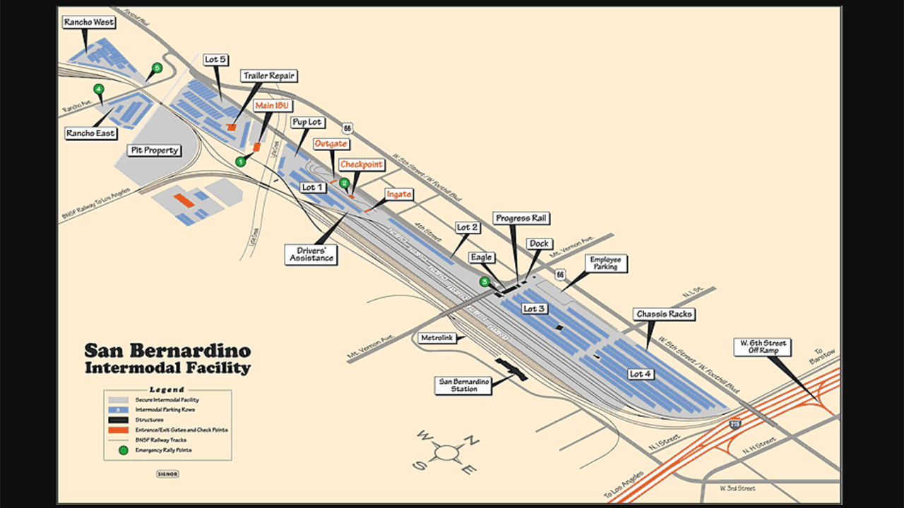 BNSF will add approximately 4.3 miles of new fourth main track to eliminate bottlenecks to the San Bernardino (Calif.) Intermodal Facility, located at 1535 W. 4th Street. (Map Courtesy of BNSF)