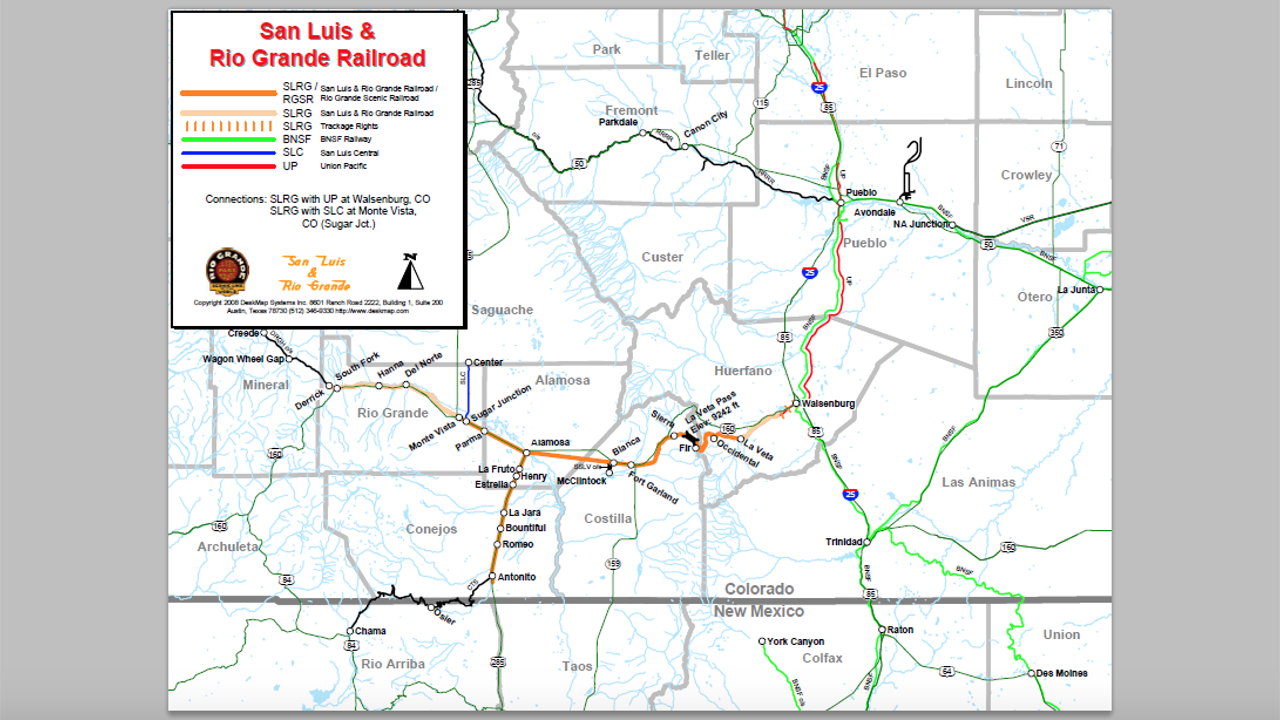 Serving the San Luis Valley in southern Colorado, SLRG was originally constructed in 1878. It traverses the La Veta Pass over the Sangre de Cristo Mountain range and connects the eastern plains of Colorado to the San Luis Valley. (Map Courtesy of William A. Brandt Jr., SLRG’s Chapter 11 Trustee)