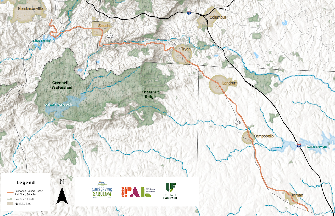 The potential Saluda Grade rail trail would run from Inman, S.C., to Zirconia, N.C.