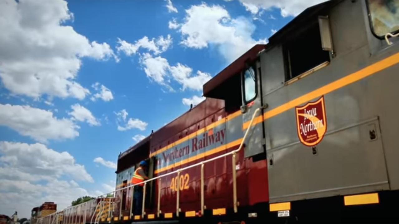 Iowa Northern Railway was among Iowa’s 2017-18 DERA award winners. It received a grant of up to $140,000 to purchase and install idle-reduction technology for 20 locomotives. (Photograph/Screen-Capture Courtesy of Iowa Northern, via website video)
