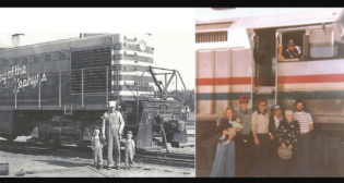 Left Image — From left, Jeff Maxfield’s father, Fred; his grandfather, Wilbur; and his uncle, Danny, in 1954. Right Image — Jeff Maxfield’s grandfather Wilbur Maxfield marks his last trip as a locomotive engineer April 25, 1981. Wilbur waves from the locomotive cab. Family members, from left, Jeff’s aunt, Sherri, holding him; Jeff’s uncles Gary, Tom and Danny; Jeff’s great-grandfather Floyd; and Jeff’s father, Fred. (Caption and Photographs Courtesy of Union Pacific)