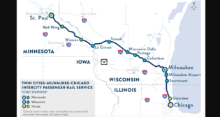 Map of the proposed Twin Cities-Milwaukee-Chicago intercity passenger rail service. This project would add an additional daily round-trip passenger train to the existing Amtrak Empire Builder corridor between the Twin Cities and Chicago. (Caption and Map Courtesy of MnDOT)