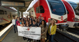 Caltrain representatives were joined by federal, state, regional and local officials and community members on Sept. 24 to celebrate the first public viewing of the Northern California transit agency’s Stadler-built KISS EMUs. (Photograph Courtesy of Caltrain)