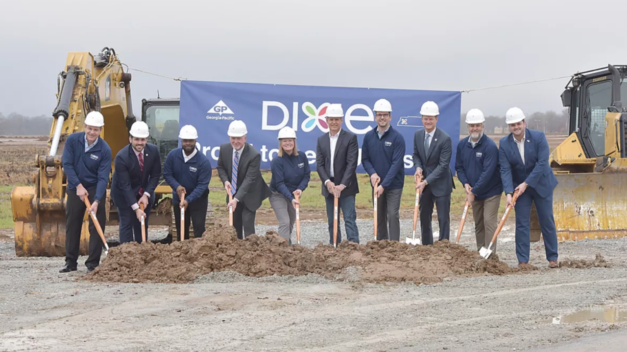 Dec. 9, 2022 groundbreaking of the new Dixie facility in Jackson, Tenn. Pictured: Jeff Fleck (GP), Scott Conger – Jackson Mayor, Mike Cook (GP), Kyle Spurgeon – President/CEO, Greater Jackson Chamber, Carrie Shapiro – VP of Dixie® Manufacturing, Bill Lee – Tennessee Governor, Nate Smiga (GP), Stuart McWhorter – Commissioner, Tennessee Economic and Community Development, Andrew Noble (GP), AJ Massey – Madison County Mayor. (Caption and Photograph Courtesy of Georgia-Pacific)