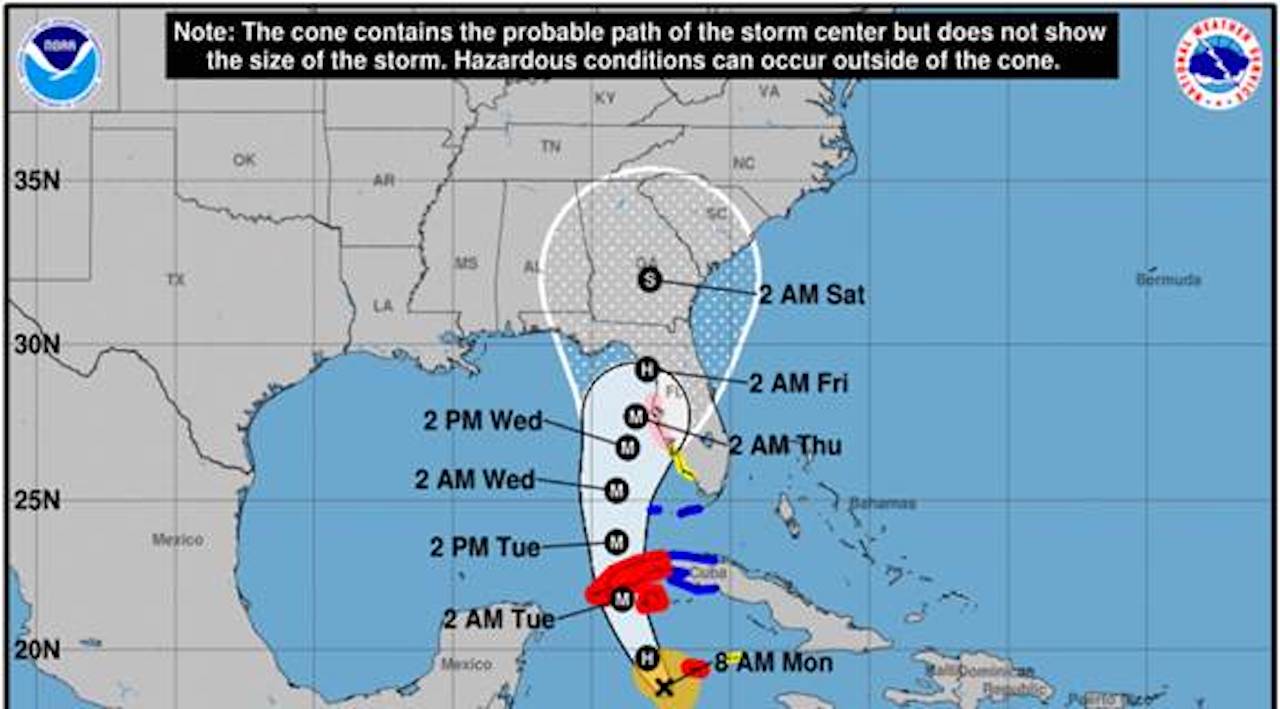 Coastal Watches/Warnings and Forecast Cone for Storm Center. (NS)