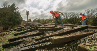 Recycling used railroad crossties into bio feedstocks is one of the opportunities that UP and Shell will explore together. (Photograph Courtesy of UP)
