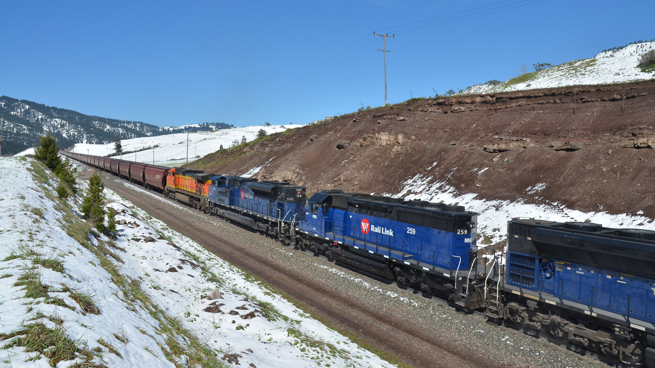 MRL helper locomotives assist at the rear end of a BNSF grain train climbing Bozeman Pass, west of Livingston, Mont. (Photo and caption by Bruce Kelly)