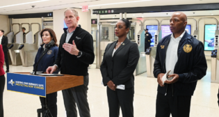 New York Gov. Kathy Hochul (far left), New York City Mayor Eric Adams (far right), and New York City Police Commissioner Keechant Sewell joined MTA Chair and CEO Janno Lieber at Grand Central-42 Street on Oct. 22, 2022 to announce new initiatives in NYCT subway safety and security. (Marc A. Hermann / MTA)