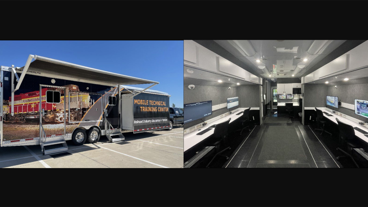 ASLRRA’s Mobile Technical Training Center (left) can bring two FRA Type II locomotive simulators and a six-station classroom to any location in the continental United States. (Photographs Courtesy of ASLRRA)