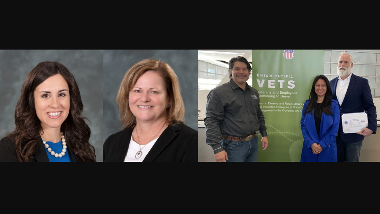 NS Vice President Audit and Compliance Susan Stuart (left); NS Assistant Vice President Sourcing Jacqueline Gray (center); and at Union Pacific, UPVETS President David LaPlante and Air National Guard Member Jacquelynn Harris recently presented her supervisor Brett Hiscock, General Director, Tech, with an ESGR Patriotic Employer Award.