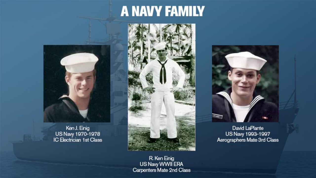 Union Pacific’s (UP) David LaPlante, right, comes from a Navy family, which includes his grandfather, Kenneth Einig, center, and uncle, Ken Einig, left. (Caption and Photograph Courtesy of UP)