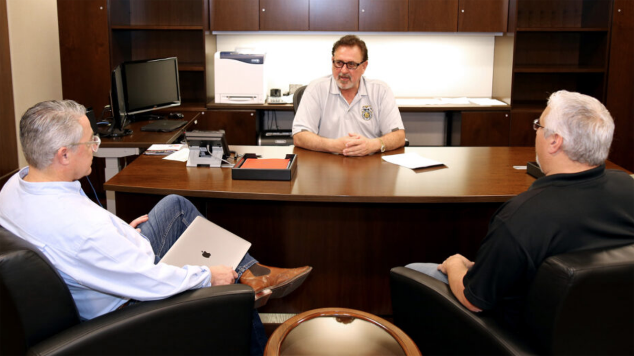 BLET Executive Committee Members Edward A. Hall (National President; center), Mark L. Wallace (First Vice President; right) and David P. Estes (National Secretary-Treasurer) are three of the 14 members of the 2023-27 BLET National Division Advisory Board. (BLET Photograph)