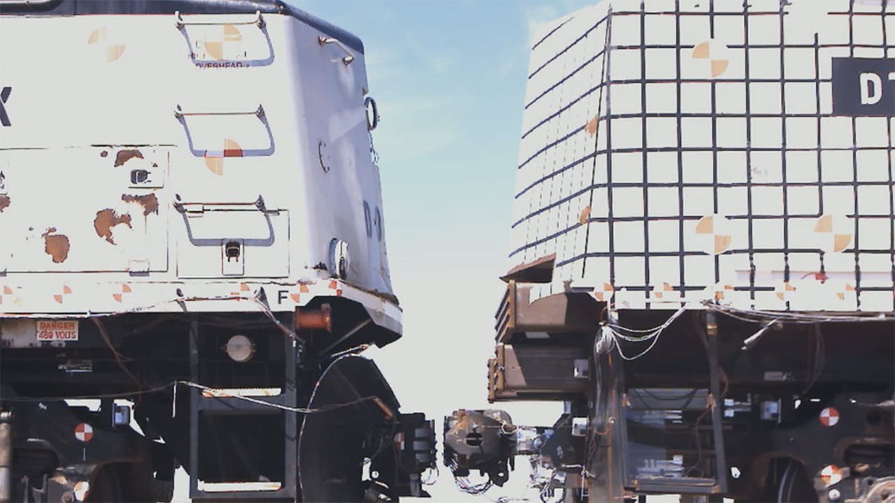 Pre-impact photo of conventional locomotive (left) and CEM locomotive (right). (Caption and Photograph Courtesy of FRA)