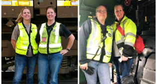 (Left) Twin sisters Tiffany Mace, locomotive engineer, left, and Lindsey Stoddard, yardperson, work together on their birthday. (Right) From left, Locomotive Engineers Brandy Lloyd and her mom, MaryAnn Hennessy on Union Pacific's steam locomotive No. 844.