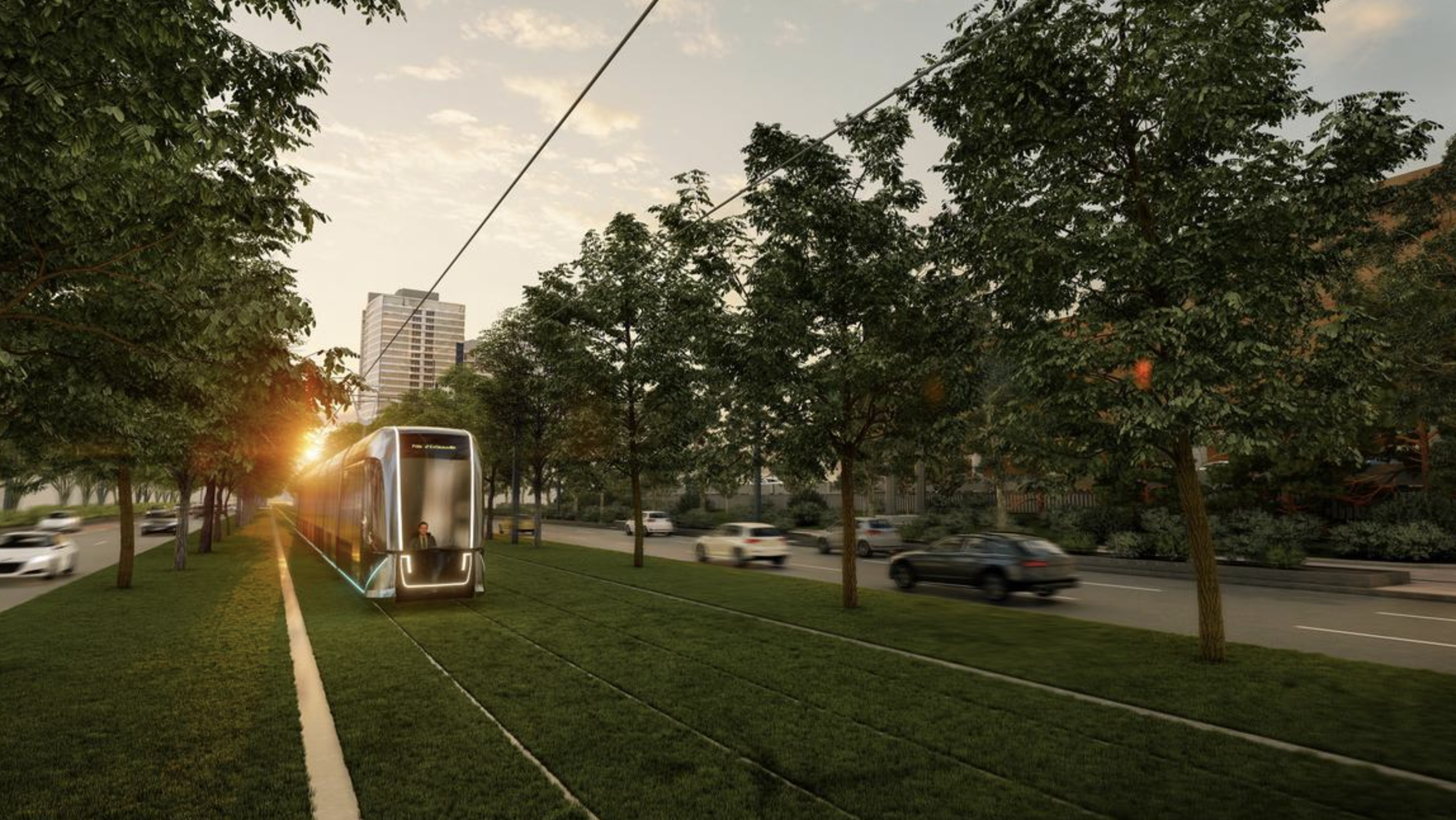 Quebec City’s 12-mile (19.3-kilometer) light rail line is slated to begin operating in 2028 with 34 Alstom-built low-floor LRVs. (Rendering of Boulevard Laurier, Courtesy of Alstom, Copyright Ville de Québec)