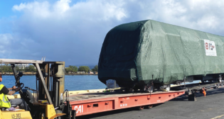 Honolulu Authority for Rapid Transit on May 10 took delivery of the 19th of 20 four-car light metro trains from Hitachi. It is gearing up for a June 30 launch of the first 10.8-mile segment of its nearly 20-mile line. (HART Photograph)