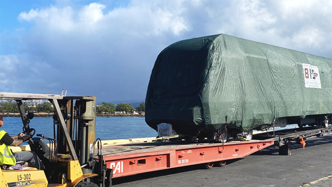 Honolulu Authority for Rapid Transit on May 10 took delivery of the 19th of 20 four-car light metro trains from Hitachi. It is gearing up for a June 30 launch of the first 10.8-mile segment of its nearly 20-mile line. (HART Photograph)