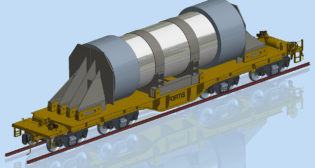 Department of Energy prototype Fortis eight-axle cask-carrying railcar design. (TTC Operated by ENSCO)