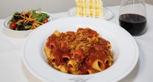 Traditional dining will be offered as an exclusive, complimentary amenity for riders traveling in First Class private rooms on Amtrak’s Silver Meteor and Silver Star. (Amtrak Photograph of Rigatoni Bolognese, a Dinner Option)