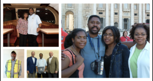 Photos clockwise from upper left: Union Pacific (UP) Conductor Ronnie Fisher and his wife, Yvette, aboard a UP dome lounger; with his family in Rome in 2005 are daughter Raven, Ronnie, daughter Reve, and Yvette; receiving recognition at the 50-year honorees ceremony held at the UP Center on May 17 are Chairman Lance Fritz (left), Ronnie and Executive Vice President-Operations Eric Gehringer. (Caption and Photographs Courtesy of UP)
