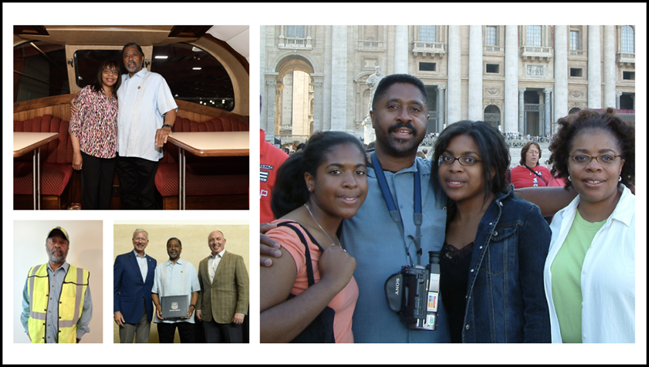 Photos clockwise from upper left: Union Pacific (UP) Conductor Ronnie Fisher and his wife, Yvette, aboard a UP dome lounger; with his family in Rome in 2005 are daughter Raven, Ronnie, daughter Reve, and Yvette; receiving recognition at the 50-year honorees ceremony held at the UP Center on May 17 are Chairman Lance Fritz (left), Ronnie and Executive Vice President-Operations Eric Gehringer. (Caption and Photographs Courtesy of UP)