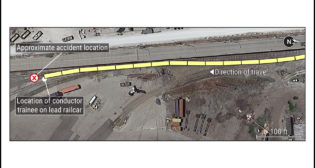 On June 26, 2023, a CSX conductor trainee was killed during a shoving movement at the Seagirt Marine Terminal in Baltimore, Md. Shown above: an illustrated aerial view of the accident scene. (Source: Google Earth; Courtesy of NTSB)