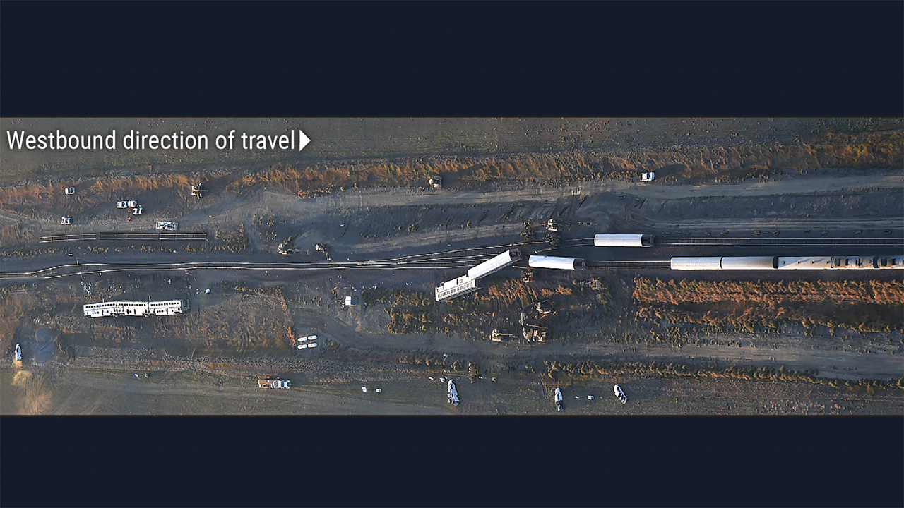Aerial view of the Amtrak Empire Builder derailment scene, Sept. 25, 2021. (NTSB Report Photograph, Courtesy of the Billings Gazette)