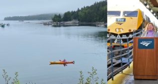 Jo Strang kayaking in Seal Cove, Maine (left); Jo Strang presenting on behalf of OLI (right).