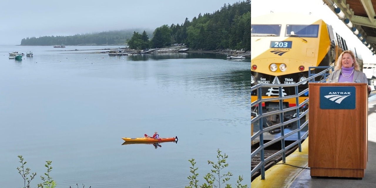 Jo Strang kayaking in Seal Cove, Maine (left); Jo Strang presenting on behalf of OLI (right).