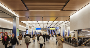 Last reconstructed 30 years ago, New York Penn Station’s LIRR 33rd Street concourse has nearly doubled in width, from 30 to 57 feet, and its ceilings have been raised to 18 feet. The concourse stretches from Seventh Avenue near the 1/2/3 subway to Eighth Avenue near the A/C/E subway. (Lucas Blair Simpson © SOM)
