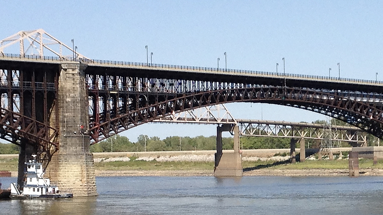 Figure 1: The Eads Bridge in St. Louis, Mo. Opened in 1874, it is the oldest bridge in active service over the Mississippi River. It carries both railway and highway traffic. (Courtesy of Gary T. Fry.)