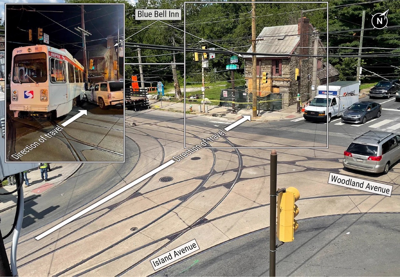 The intersection of Island Avenue and Woodland Avenue in Philadelphia, where SEPTA trolley 9107 derailed on July 27 and struck an SUV and the Blue Bell Inn. (NTSB)
