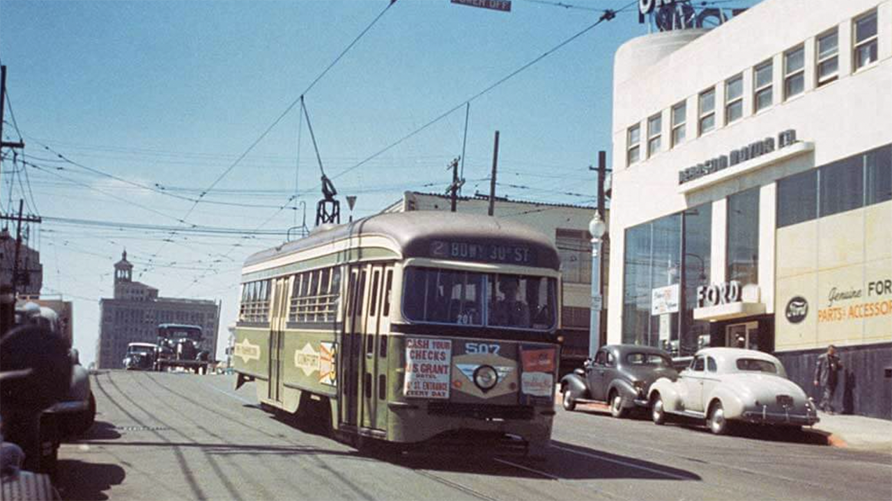 San Diego Electric Railway PCC streetcar on Route 2 travels eastbound on Broadway between 12th Ave. and 13th St. in the late 1940s. (Caption and Photograph Courtesy of San Diego MTS)