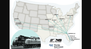 Map of the Norfolk Southern and FEC intermodal service offerings, including their newly announced lanes.