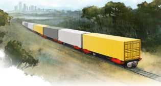 Parallel Systems plans to start “platoon demonstrations” of second-generation autonomous battery-electric railcars later this year. According to the company, each railcar is individually powered and can “form platoons of up to 50 cars to reduce energy consumption and efficiently use rail network capacity” or split off to multiple destinations while en route. (Rendering Courtesy of Parallel Systems)