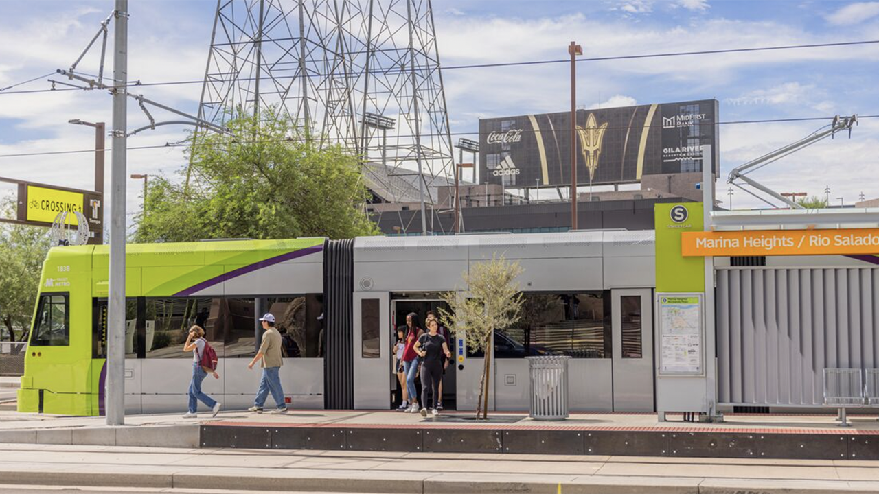 Valley Metro’s three-mile, 14-stop Tempe (Ariz.) Streetcar system opened in 2022, serving such destinations such as Tempe Beach Park, Marina Heights, Gammage Auditorium and Arizona State University sports facilities (see map below), and offering links to existing light rail service. (Valley Metro Photograph)