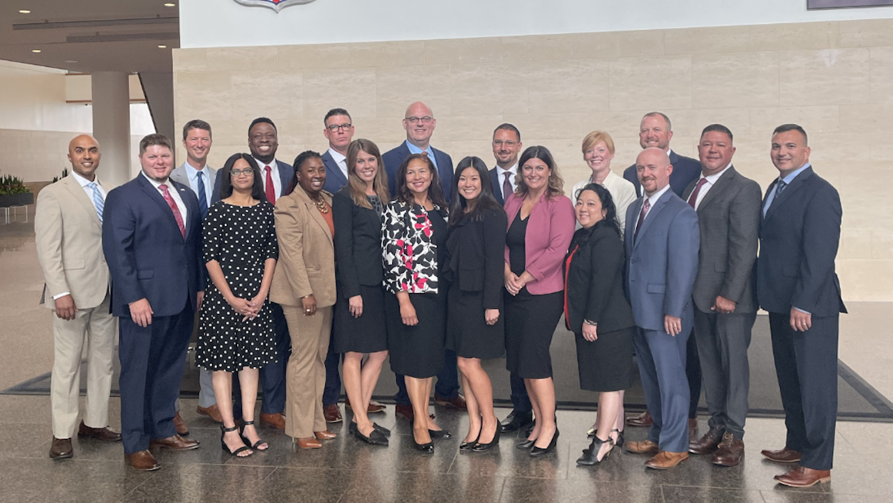 Front row, from left: John Gorman, Director, Continuous Improvement; Sudha Garikapati, Senior Director-Tech; LaKeisha Gatson-Dunham, General Director-Strategic Services; Ashley Sutera, Director-Marketing; Tonya Conley, Senior Counsel; Kate Ottoson, Director-Corporate Finance; Sarah Vogel, Senior Director-Train Management; Dao Tran-Young, Director-Crew Management Service Operations; Dan Culbertson, Senior Director-Talent Acquisition; Marco Villarreal, Superintendent-Train Operations; and Mike Shults, Superintendent-Train Operations. Back row, from left: Joshy Madathil, Senior Director, Tech; Frank Sierawski, General Director-Audit; Von Cloy, Senior Director-Equipment Distributing; John Boone, General Director-Signal; Mike Kadar, Director-Locomotive Engineering and Quality; Brian Leslie, Superintendent-Train Operations; Jacquelyn Clark, Senior Counsel; and Daniel Laudenbach, Superintendent-Train Operations.