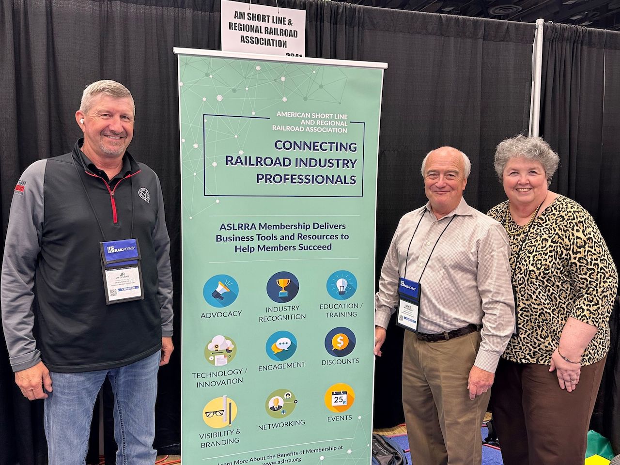 ASLRRA staff members (L to R) JR Gelnar, Mike Ogborn and Kathy Keeney managed the Association’s booth at Railway Interchange 2023.
