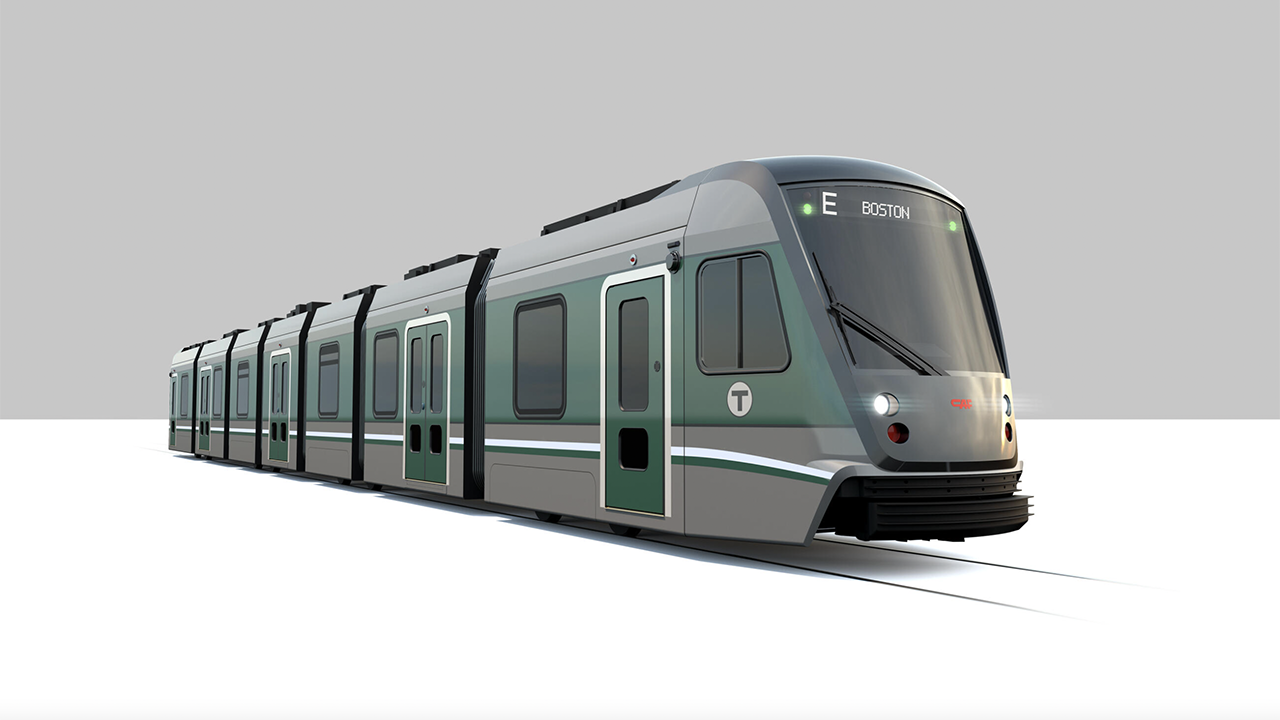 MBTA’s winning exterior design for its Green Line Type 10 “supercars” from CAF USA Inc. (pictured) was selected by riders and the transit agency’s employees. (Rendering Courtesy of MBTA)