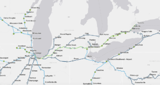 Station locations and the potential Chicago-Detroit-Toronto routing (yellow) are illustrative. Light blue lines denote proposed new corridors; dark blue lines denote existing Amtrak service. (Amtrak Map)