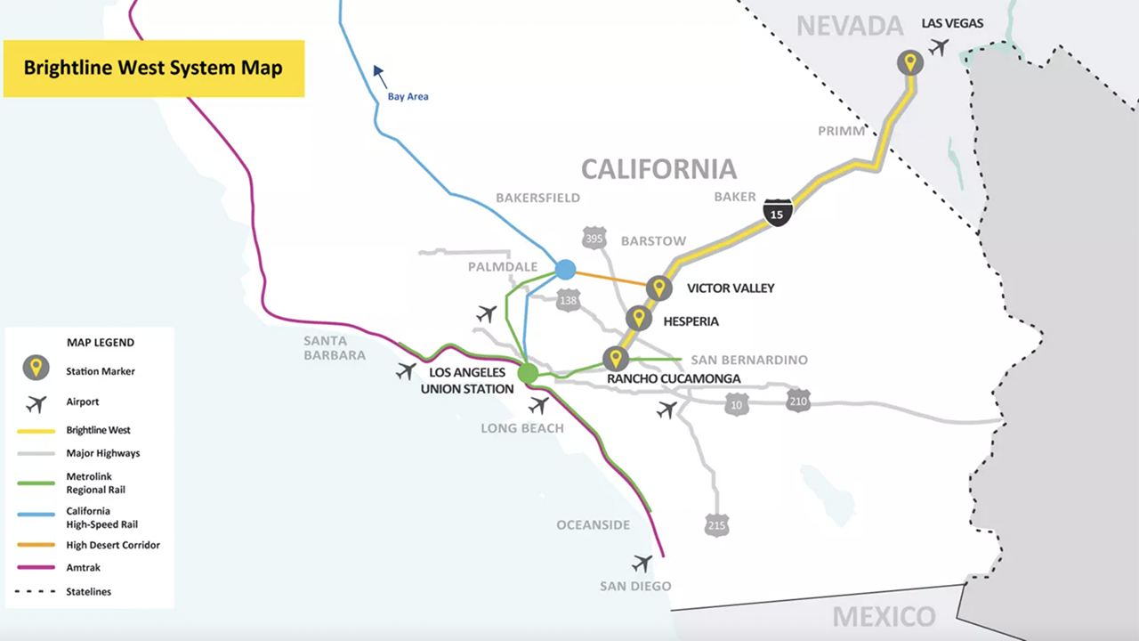Brightline West says its planned 218-mile passenger rail service will run from Las Vegas to Rancho Cucamonga, Calif., with 96% of its alignment within the median of the I-15 highway.