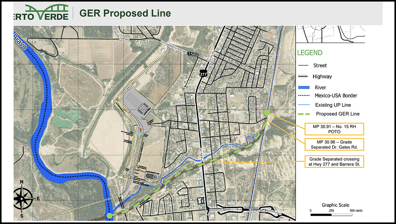 A map of Green Eagle Railroad LLC’s proposed 1.335-mile common carrier rail line in Maverick County, Tex., extending from the southern border of the United States and connecting to Union Pacific (UP) at approximately milepost 31 on the Eagle Pass Subdivision. The line is part of parent company PVH’s proposed trade corridor for freight and commercial motor vehicles extending into Mexico. (GER Map)