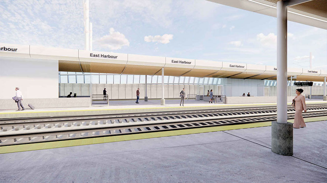 Metrolinx’s East Harbour Transit Hub in Toronto will be located on the Lakeshore East and Stouffville GO Transit rail lines. The station will provide connections to the Ontario Line subway and future Toronto Transit Commission services. (Rendering Courtesy of Metrolinx)